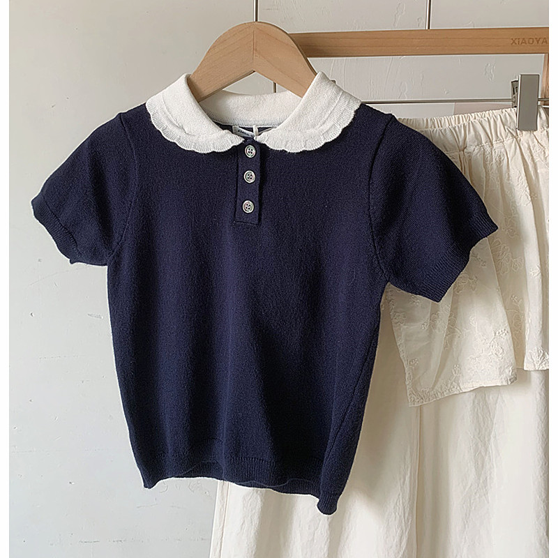 女童翻领撞色短袖T恤夏装娃娃领
