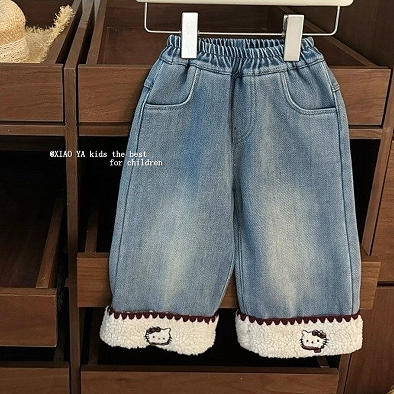 韩版女童加绒牛仔裤子冬季直筒裤