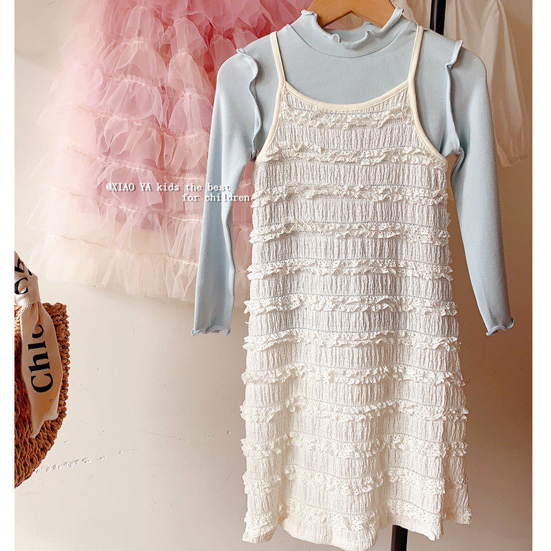 韩版夏季女童长袖T恤+蕾丝花边背心连衣裙套装女孩洋气叠穿连件套