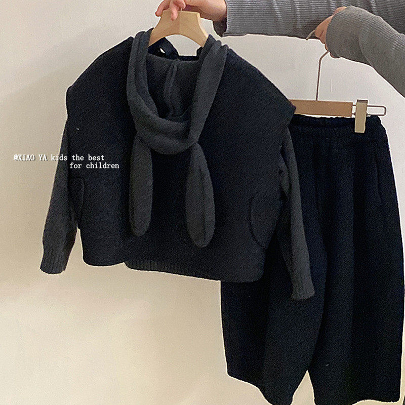 女童连帽兔耳朵毛衣+毛呢马甲+休闲裤三件套冬季女孩时髦呢子衣