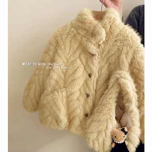 毛绒绒女童纯色外套冬季儿童韩版一体毛绒棉衣宝宝保暖厚上衣带包