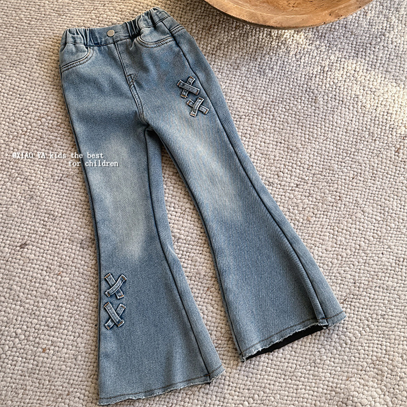 韩版女童加绒微喇叭牛仔裤子冬季