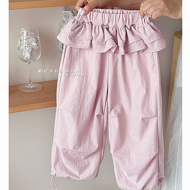 韩国女童户外服速干裤26春夏中小童薄款花边休闲裤宝宝直筒束脚裤