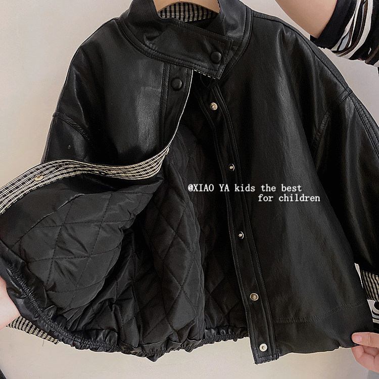 韩女童夹棉格子皮衣外套冬棉服