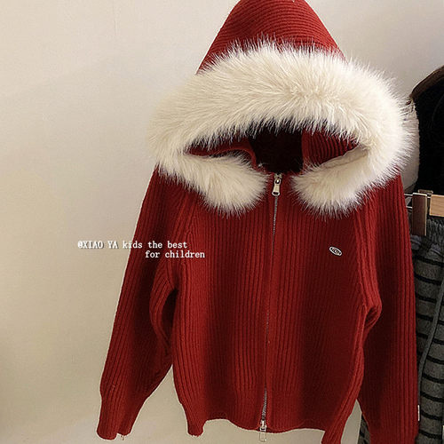 可拆卸毛领女童连帽针织衫外套冬