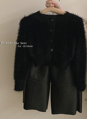 韩国女童仿水貂绒黑色毛衣中小童冬季厚开衫宝宝百搭休闲短款开衫