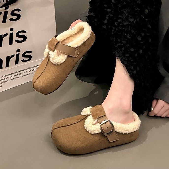 小码厚底勃肯鞋3334女2025新款小个子加绒增高包头半拖外穿毛毛鞋