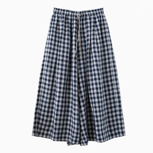 自然主义女装春新品100%亚麻双色色织格休闲文艺裙裤阔腿裤