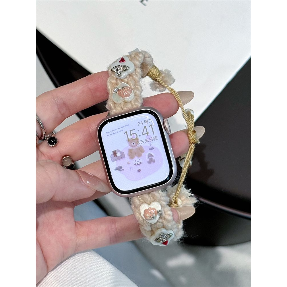 适用ins适用苹果s11表带秋冬毛绒贝壳链小米手环1098pro红米6华为