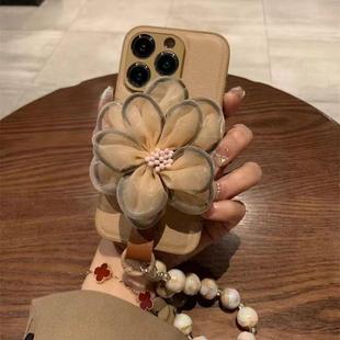 欧美复古风棕纱花适用iPhone16promax苹果15手机壳14腕带13新12女