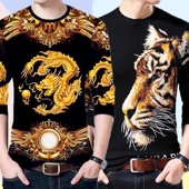 圆领上衣3D印花打底衫 2021潮牌t恤男春秋季 T恤中国风男装 长袖 男士