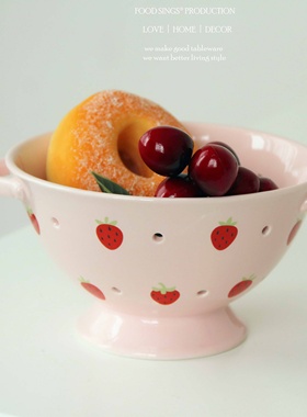 创意陶瓷双耳水果蔬菜碗沥水篮火锅配菜面包果篮家用盘碗镂空欧式