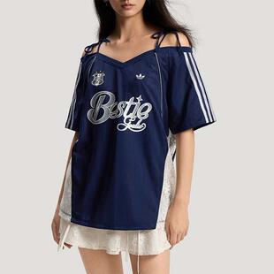 adidas三叶草 女子潮流时尚宽松露肩吊带镂空蕾丝短袖T恤KU4756
