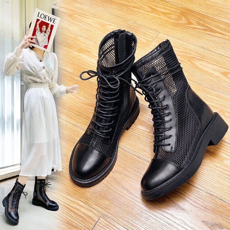 镂空马丁靴女夏季薄款网纱透气内增高小个子黑色高筒靴厚底系带靴