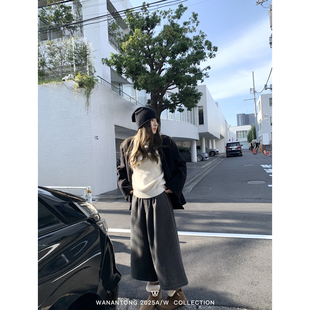 WANANTONG 喜欢的雅痞调调 斜纹呢子松紧腰八分裤女秋冬