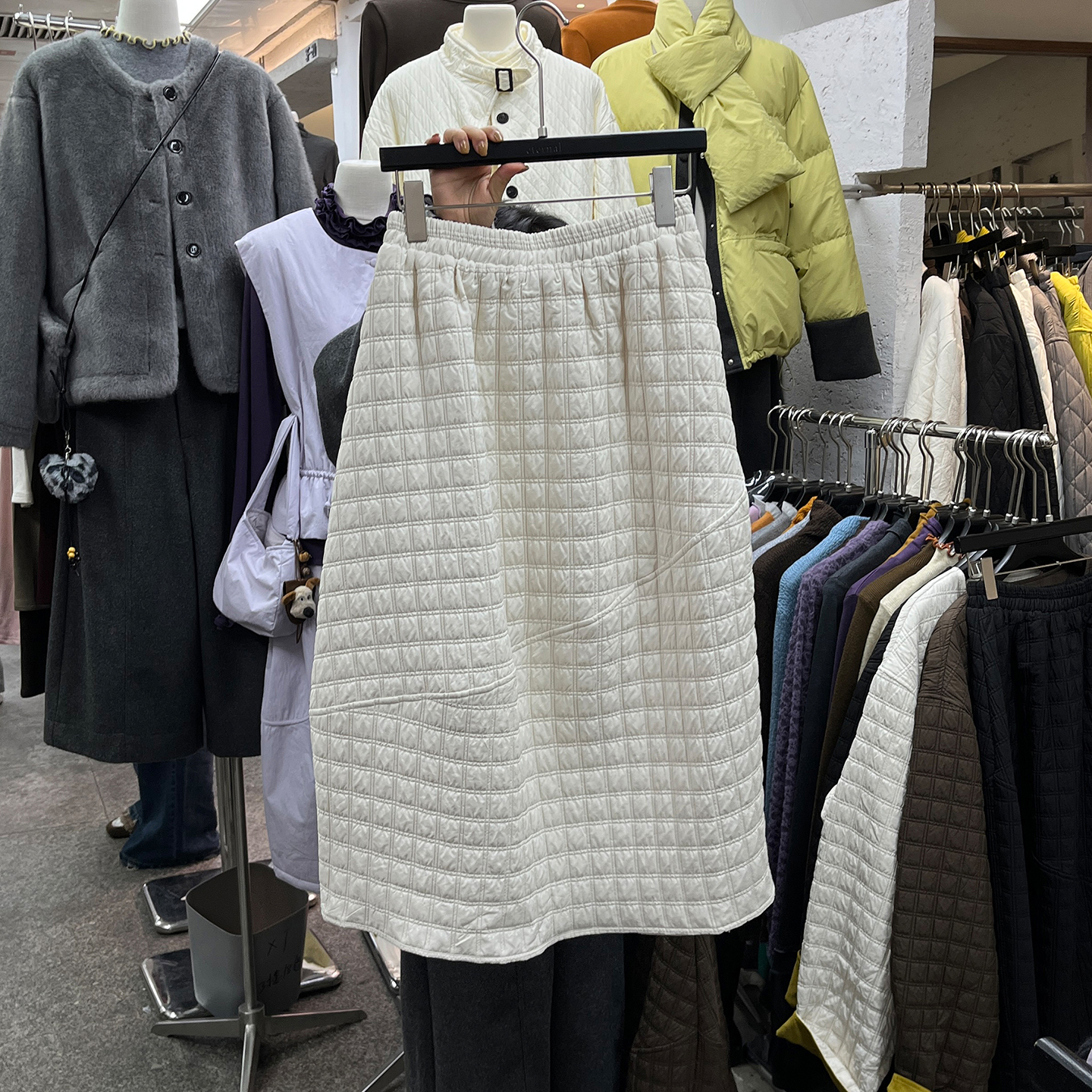 格纹夹棉半身裙女不规则拼接半裙