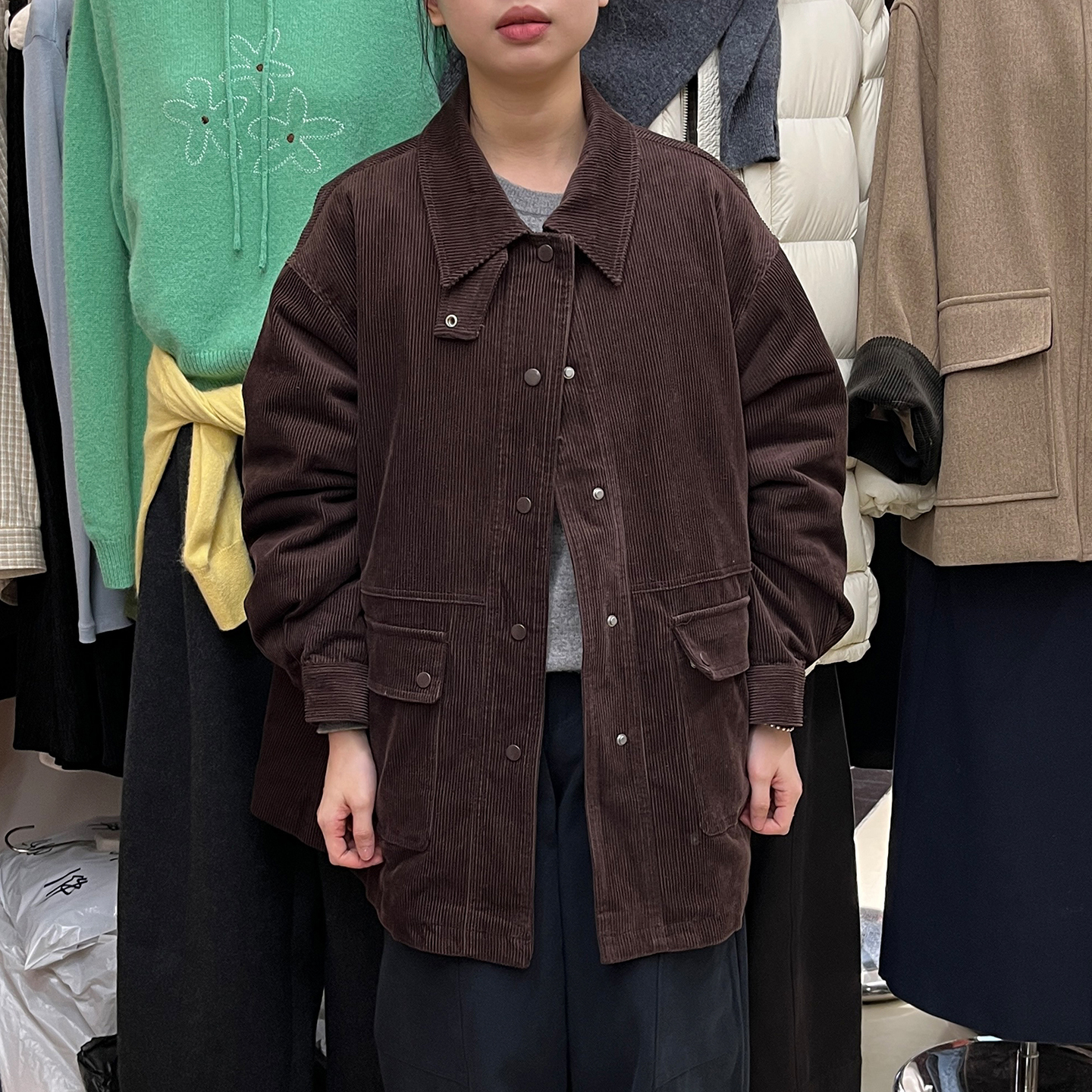 EVER TRUE十三行女装新款韩系秋冬中长款灯芯绒衬衫式羽绒外套女