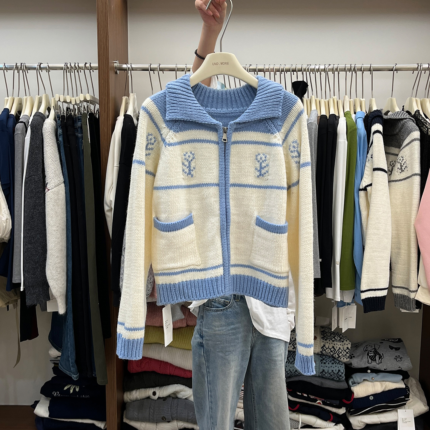 撞色翻领拉链毛衣开衫外套女