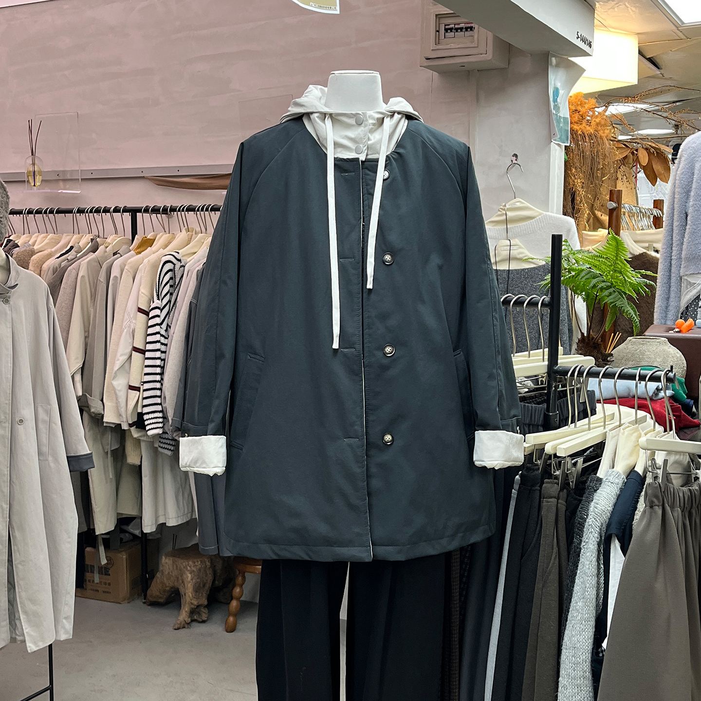 撞色连帽棉服外套女宽松夹棉风衣
