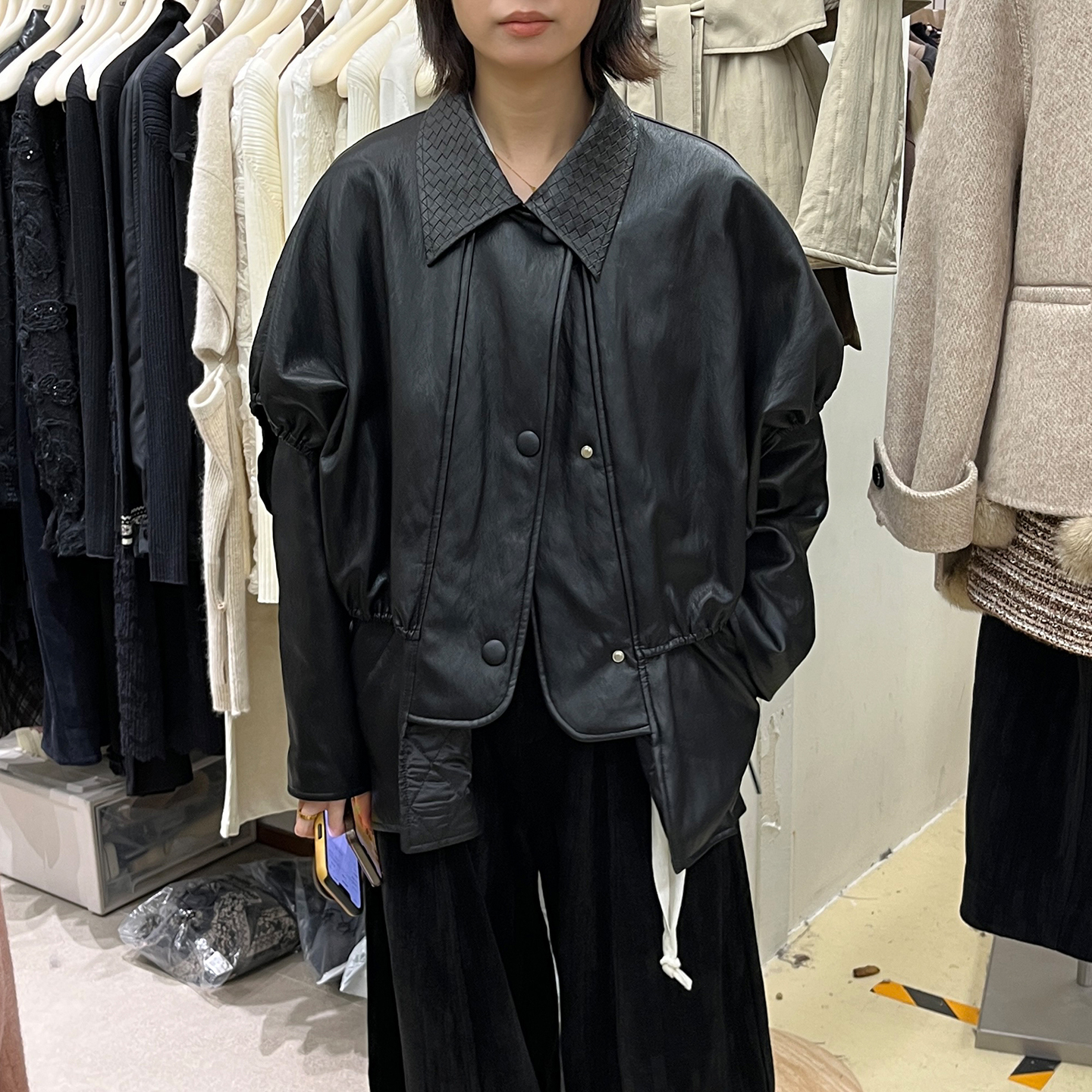 复古设计感皮衣外套翻领夹棉上衣