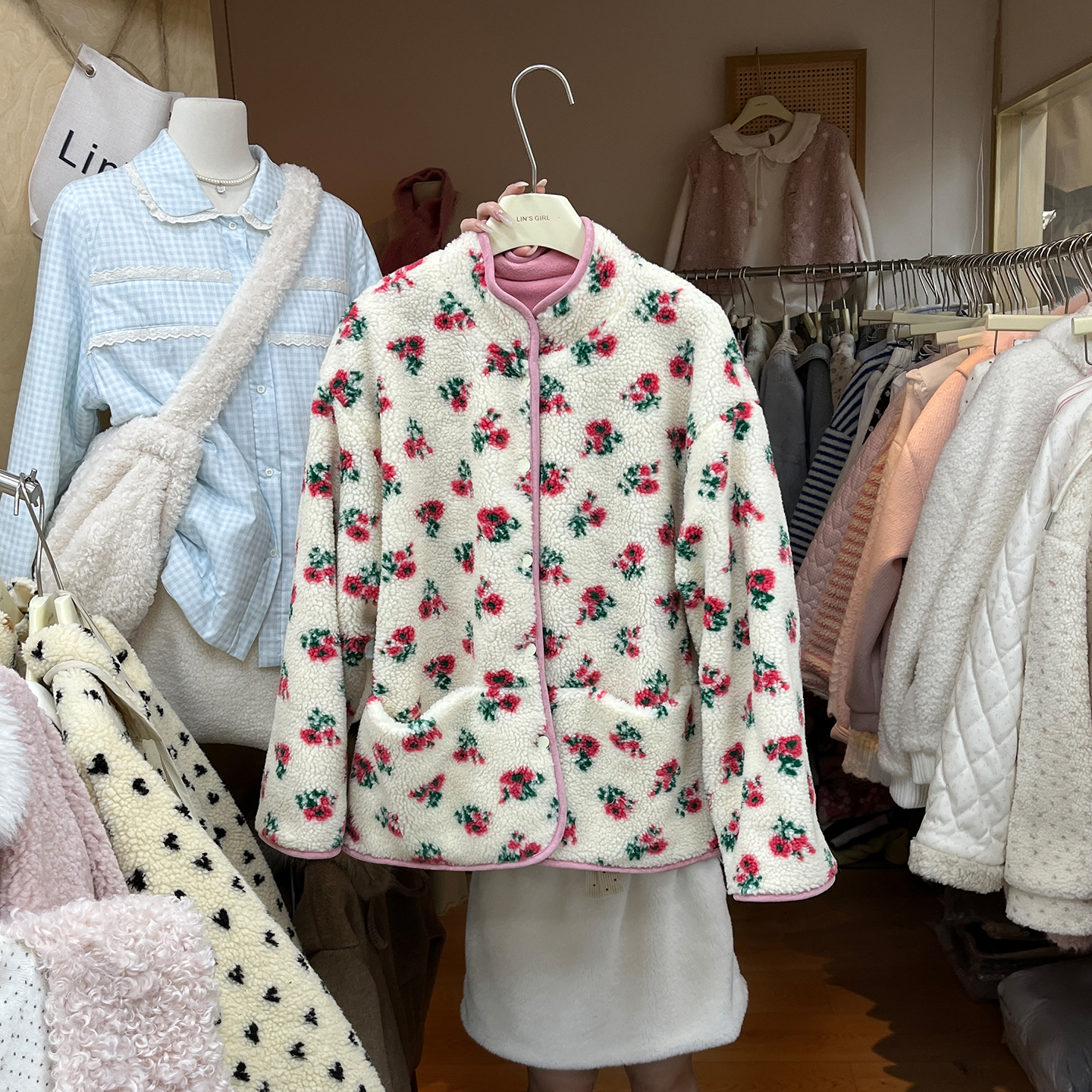 甜美碎花摇粒绒卫衣女羊羔毛外套