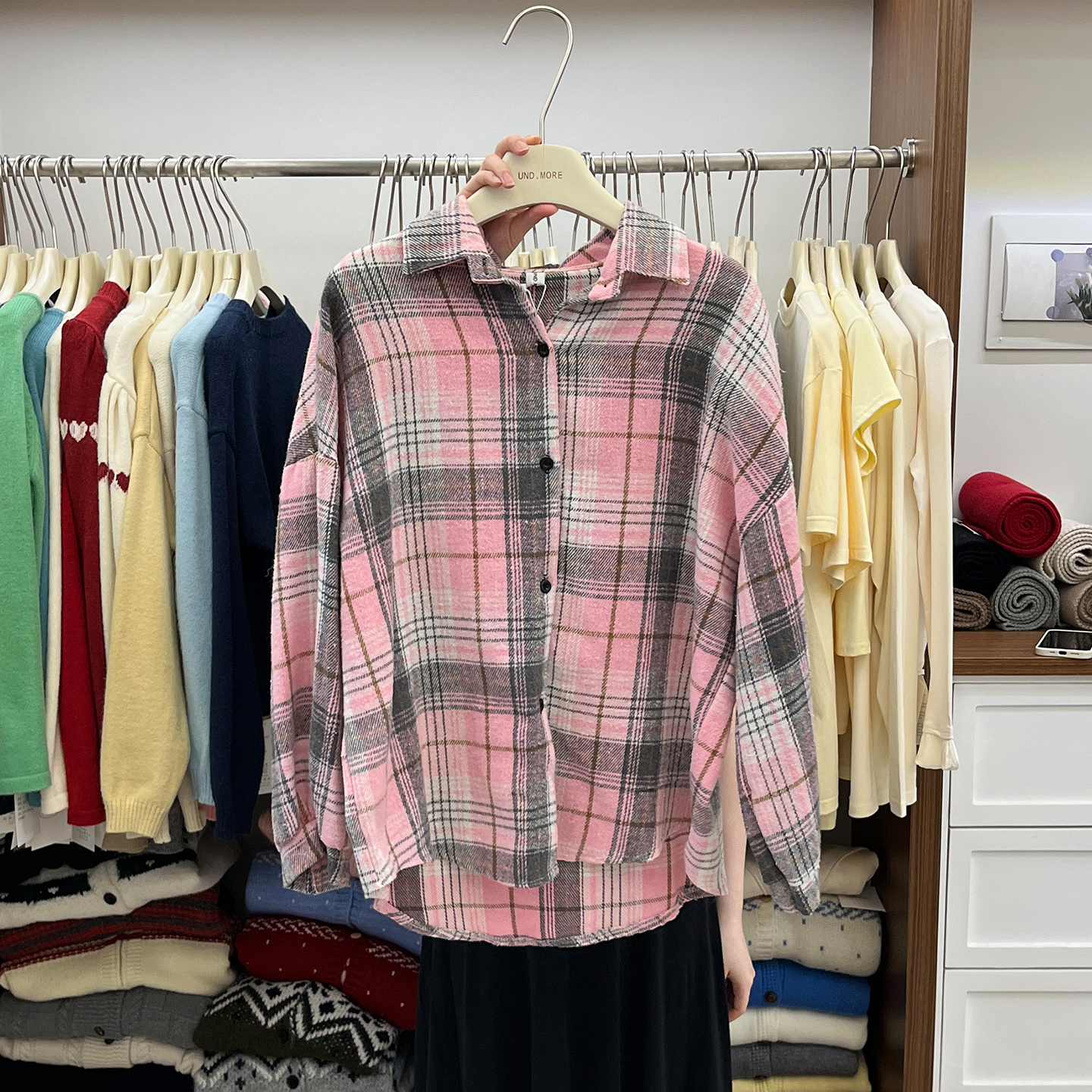 磨毛格子衬衫女宽松bf风格纹衬衣