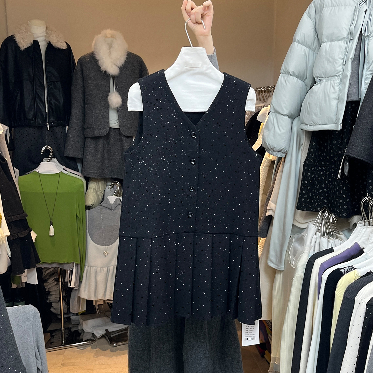 中长款碎花毛呢百褶鱼尾背心裙