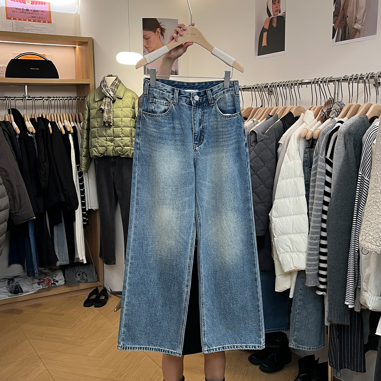 宽松高腰抓绒阔腿牛仔裤长裤