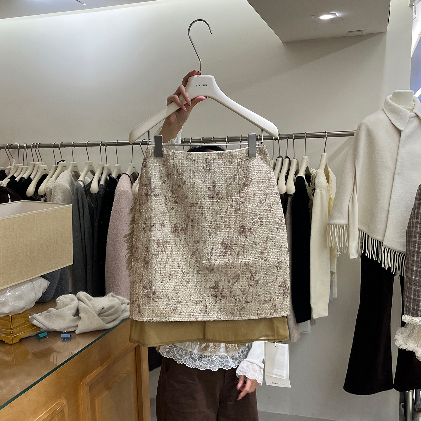 NEW OPEN十三行女装新款韩系秋冬双层撞色拼接毛呢碎花半身裙短裙