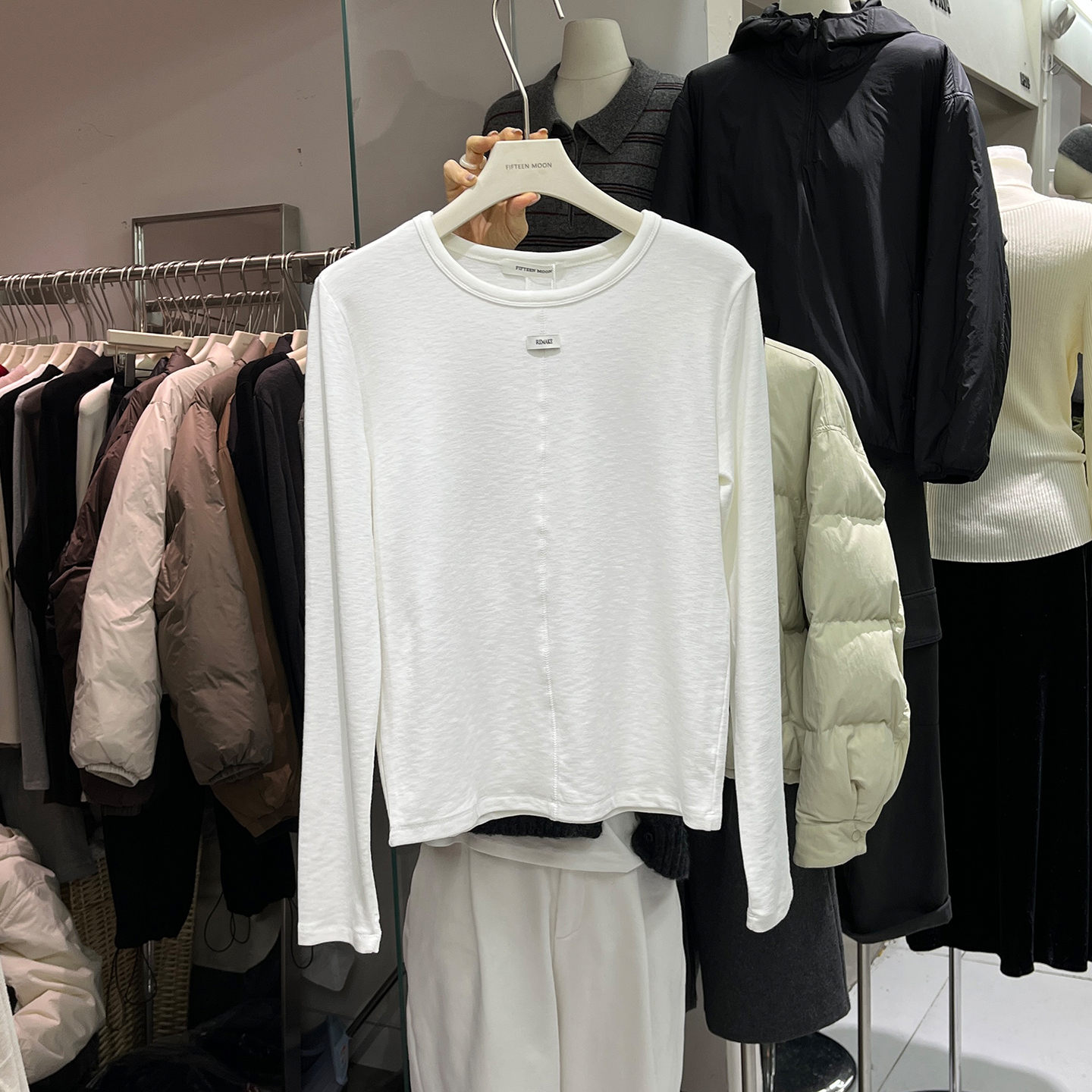 时尚拼接圆领磨毛打底衫