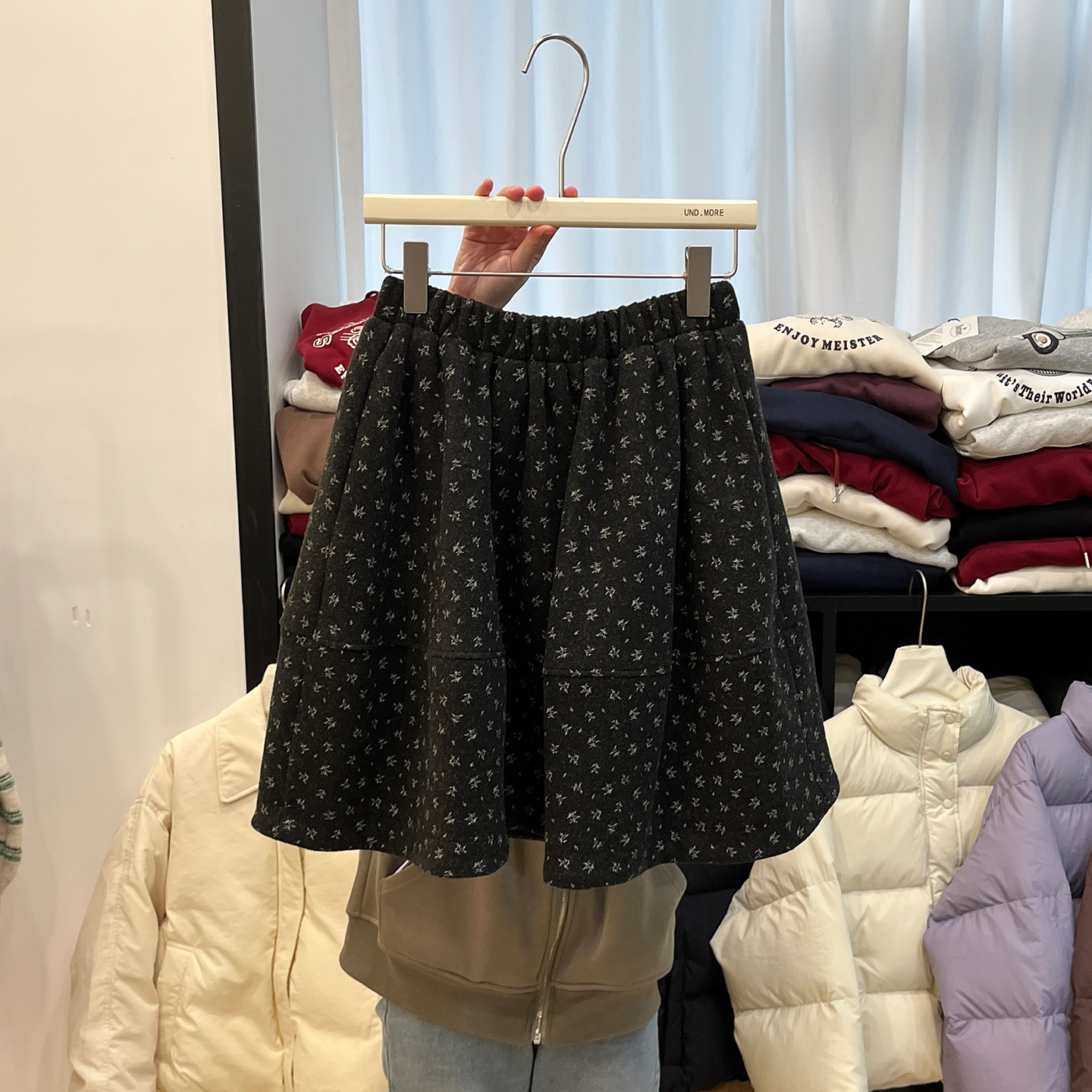 松紧腰毛呢碎花半身裙短裙子