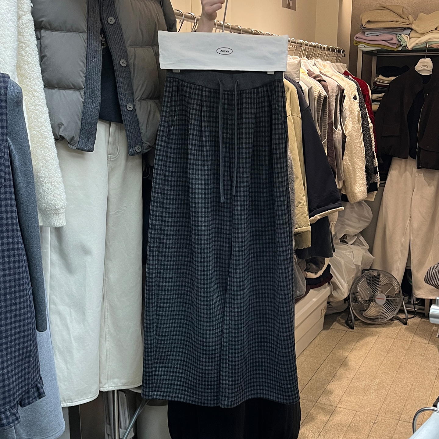 宽松休闲裤格子毛呢加绒阔腿裤