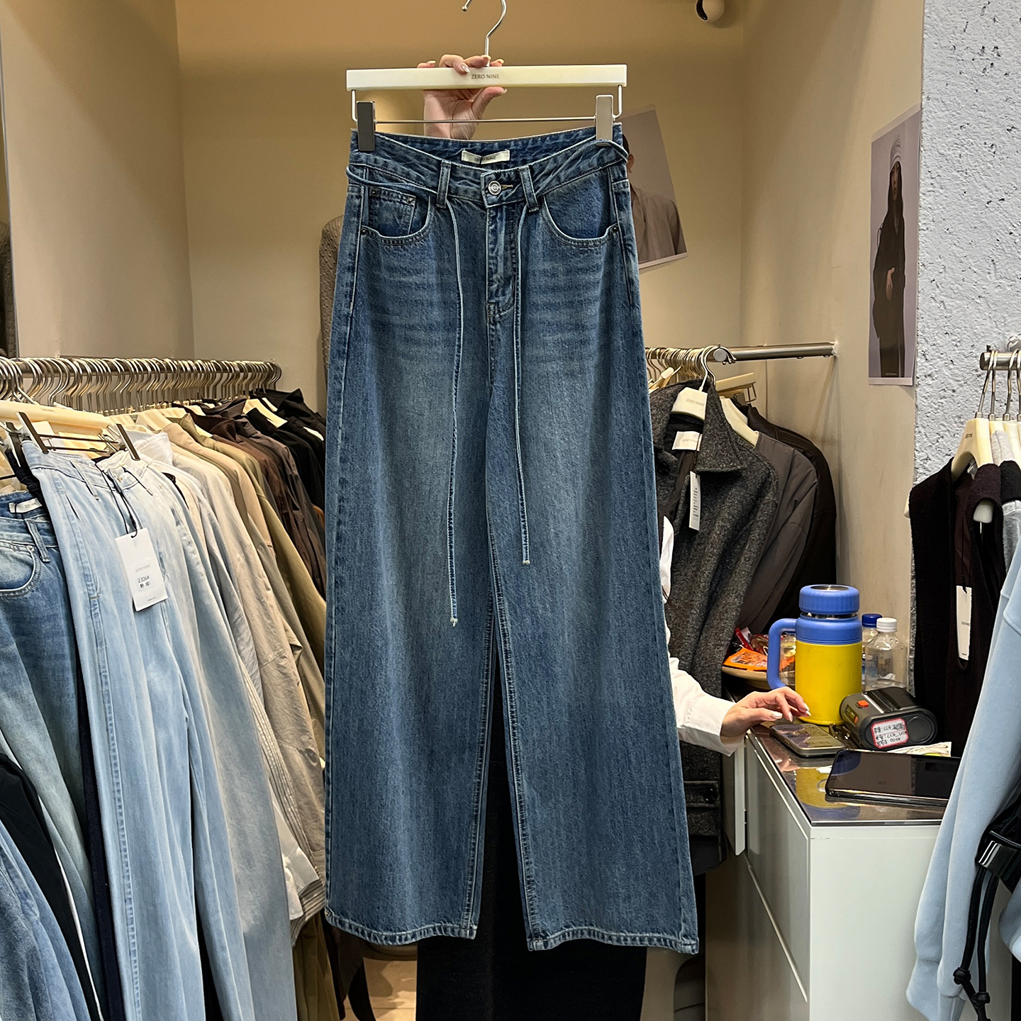 抽绳牛仔裤女复古蓝色休闲阔腿裤