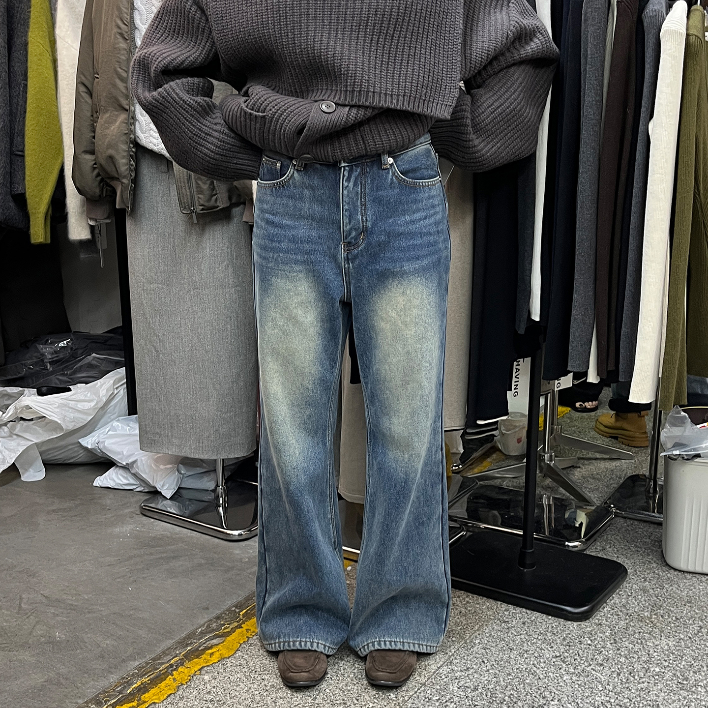 高腰宽松长裤加绒阔腿牛仔裤女