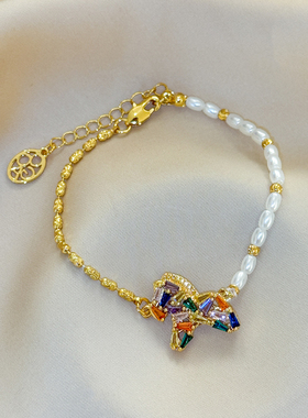 高级感珍珠拼接彩色锆石小马手链