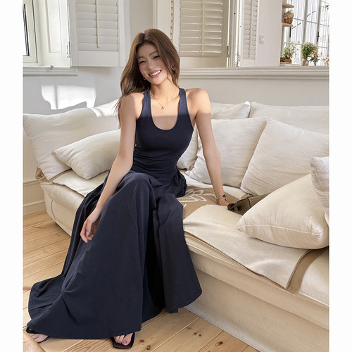 春夏新款露背镂空气质修身收腰大摆长裙工字背心连衣裙女