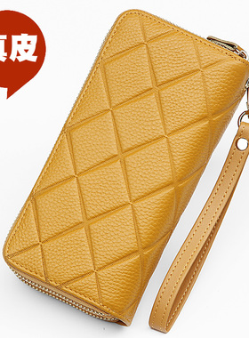 真皮黄色钱包招财长款女士手拿小包包手机包妈妈大容量双拉链高端