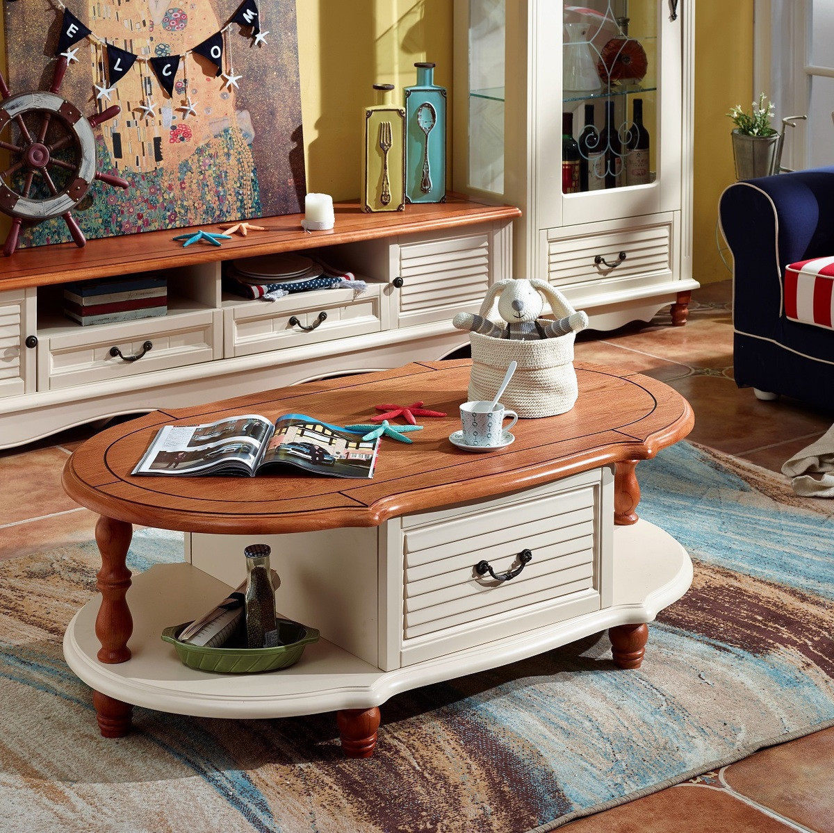 茶几电视柜简约美式地中海实木小组合圆形茶几小户型家用客厅家具