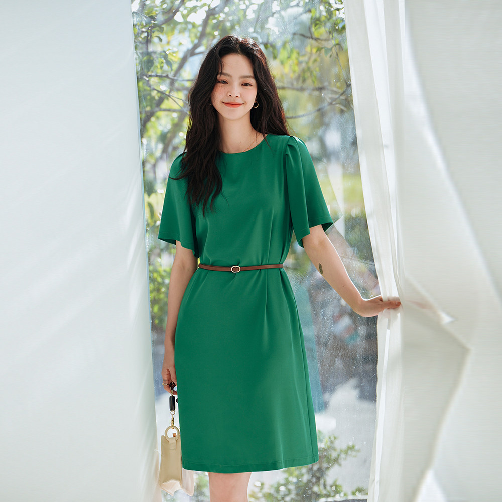 法式简约泡泡袖中长款连衣裙女