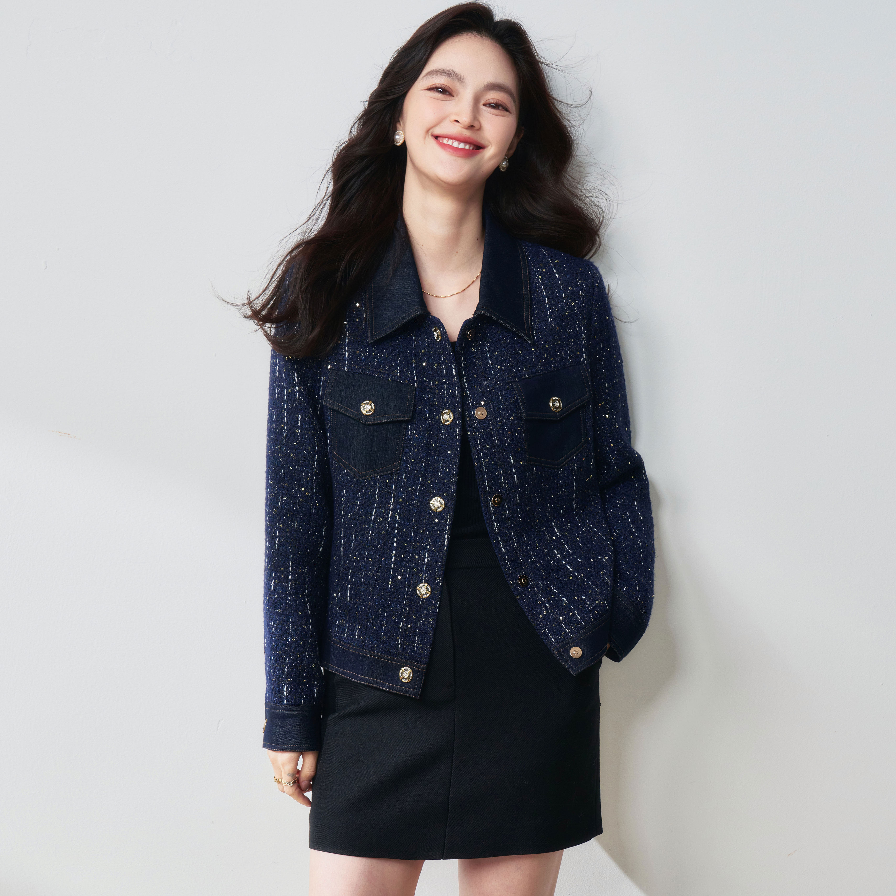 小香风外套春秋翻领亮片牛仔外套女时尚气质百搭短款上衣