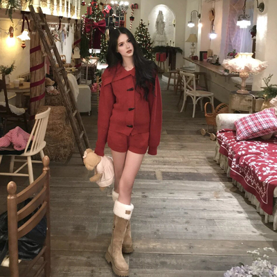 2025新年红香风针织连衣裙套装