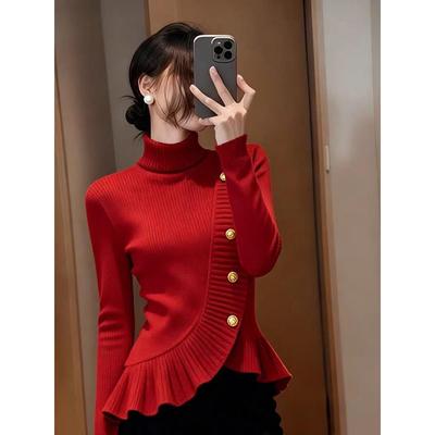 红色荷叶边高领掐腰针织衫女秋冬