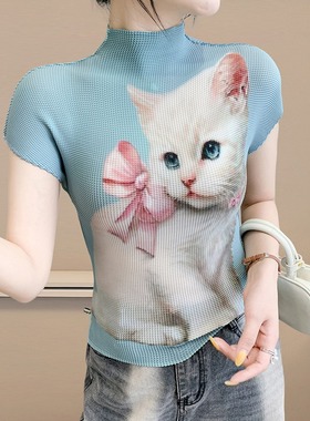 蓝灰色小白猫褶皱衫T恤显瘦甜酷个性 夏季印花短袖