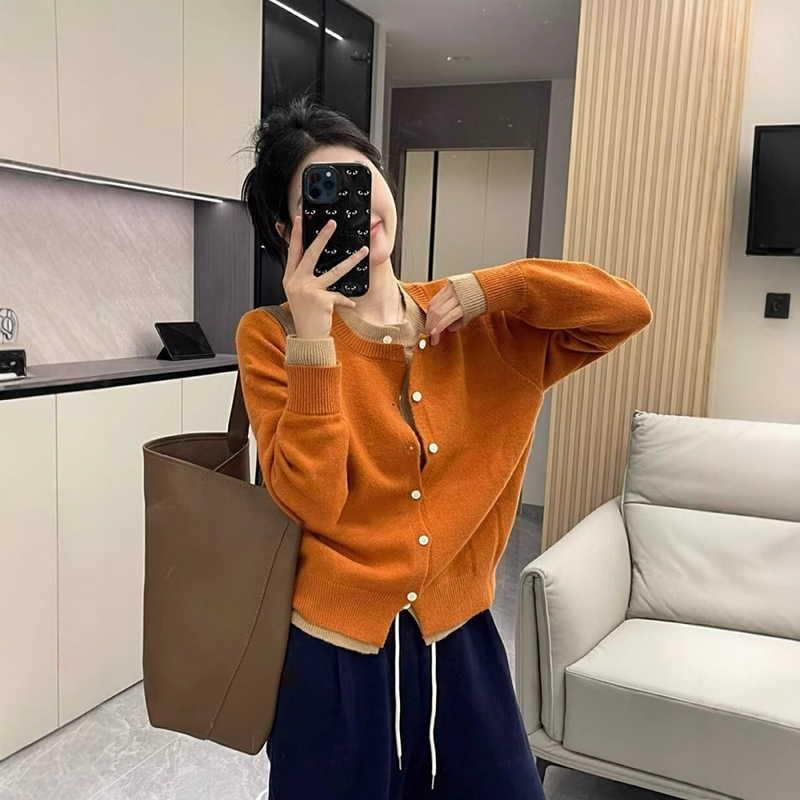撞色假两件针织开衫女秋季