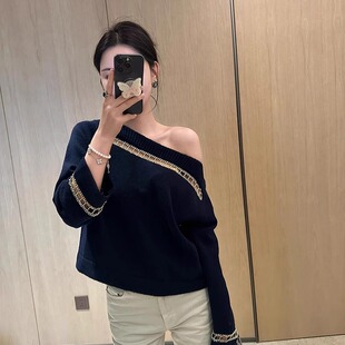 高级感气质斜肩针织上衣 2024新款 链条镂空设计感长袖 套头毛衣女款