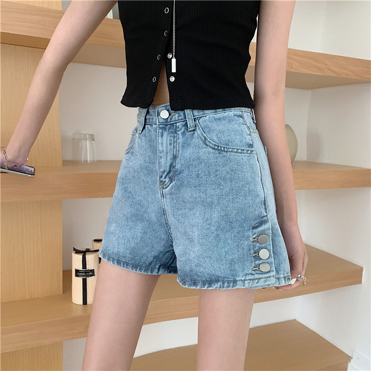 High waist jeans women's summer loose and versatile wide leg straight breasted shorts women's