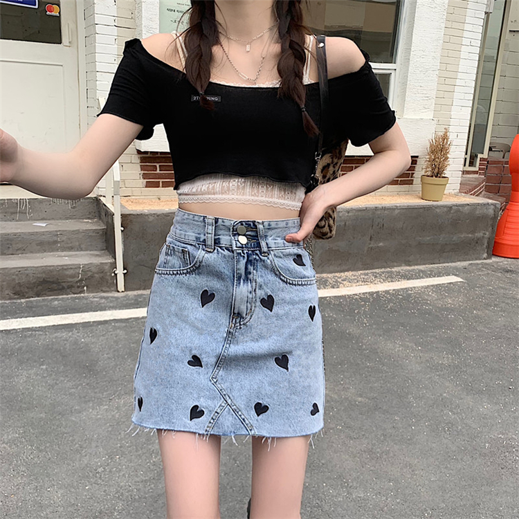 Real price ~ Vintage denim love embroidery skirt women's spring Korean high waist slim cover hip skirt