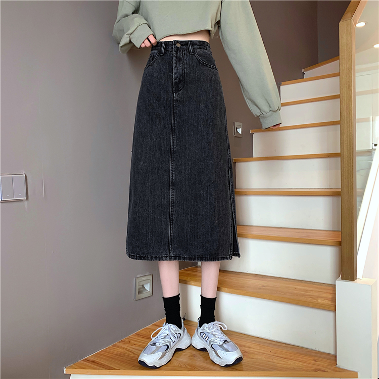 Real price ~ denim skirt women's mid length bag hip high waist A-line split show thin versatile skirt