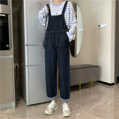 Real shot real price ~ New Korean version of retro casual loose Wide Leg Denim strap pants straight tube show thin Jumpsuit women
