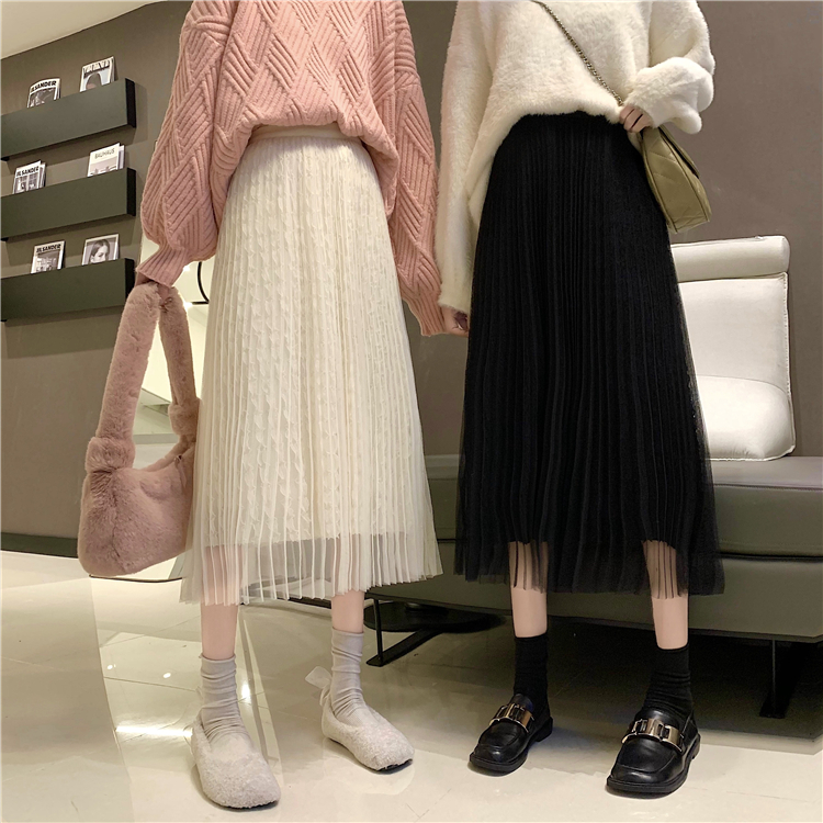 Real shot real price ~ net yarn skirt for women autumn and winter with sweater new thin pleated medium length skirt